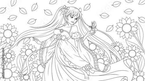 Vector illustration, a beautiful fantasy girl walking in a meadow with sunflowers, admiring butterflies.