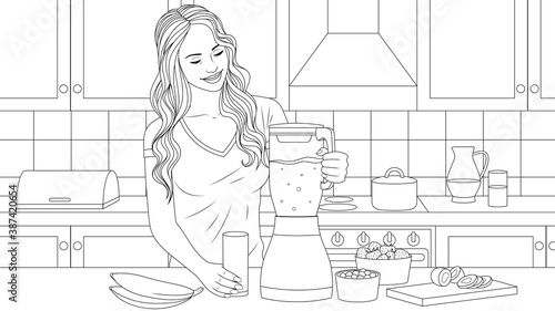 Vector illustration, beautiful girl preparing breakfast in the kitchen.