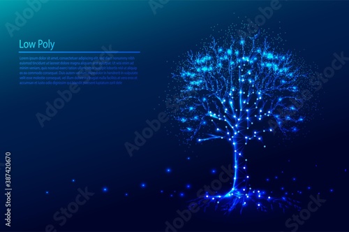Polygonal tree on dark blue tech background, triangles and particle style design. 