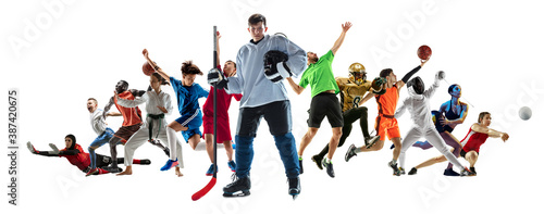 Sport collage of professional athletes or players on white background, flyer. Made of different photos of 13 models. Concept of motion, action, power, target and achievements, healthy, active