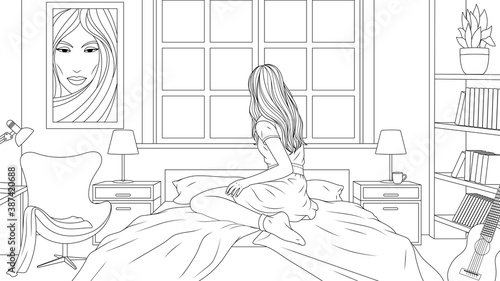 Vector illustration, a beautiful girl sits on a sofa in the room, looks out the window