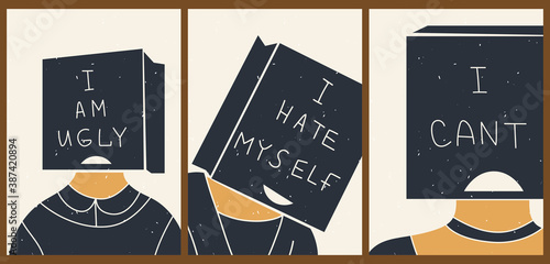 A set of three posters with moral problems of people and patients. Vector minimalist social background. Psychological assistance concept. Problems with low self-esteem. Illustration for a psychologist