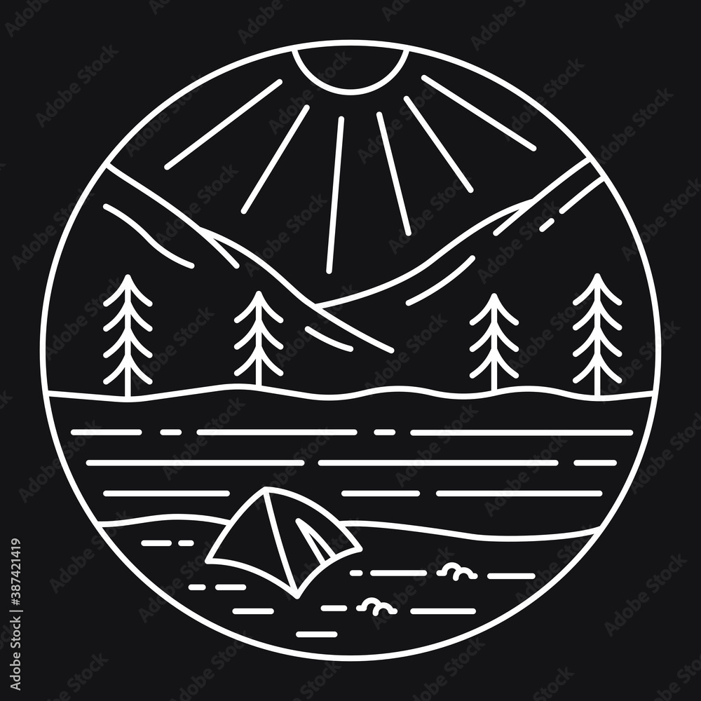 Illustration of camping alone with white outline color. Mountain camping line art design in a minimalist style. Illustration design for apparel products, mugs and wall posters Illustration of camping alone with white outline color. Mountain camping line art design in a minimalist style. Illustration design for apparel products, mugs and wall posters