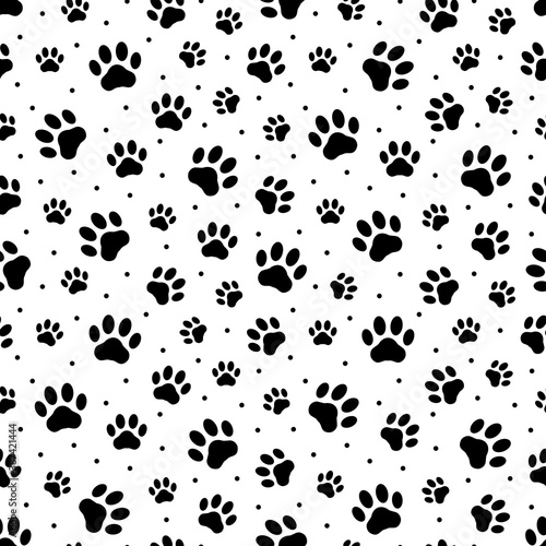 Pet prints. Paw seamless pattern. Cute background for pets, dog or cat. Foot puppy. Black silhouette shape paw. Footprint pet. Animal track. Trace foot dog, cat. Design walks pet for print. Vector