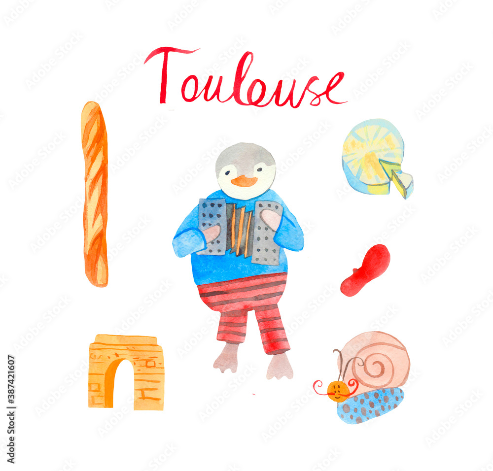 Watercolor set of a cute animal hand drawn in orange, blue colors.Clip art with snail,penguin,coffee,cheese,baguette on white isolated background. Design for social networks,cards,posters. Watercolor set of a cute animal hand drawn in orange, blue colors.Clip art with snail,penguin,coffee,cheese,baguette on white isolated background. Design for social networks,cards,posters.
