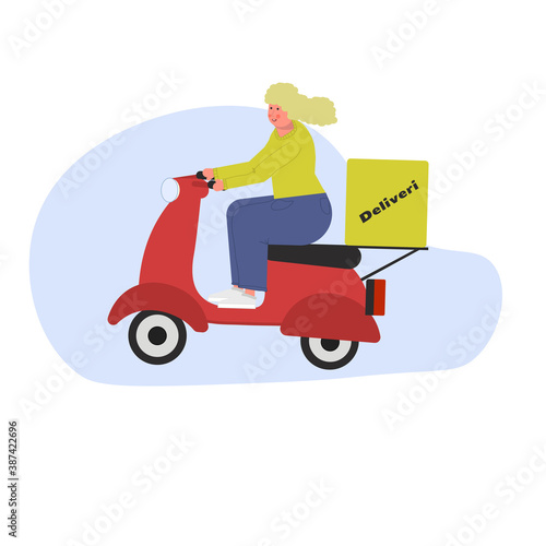Girl courier blonde without helmet courier on a scooter. Vector illustration in flat style