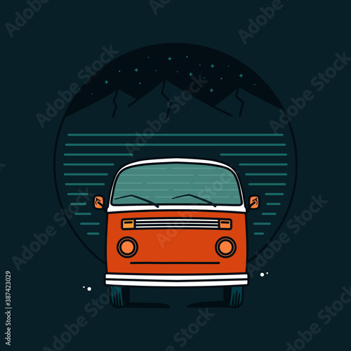 Illustration of van car adventure in dark color style. Flat design adventure van with mountain background. Illustration design for apparel products, mugs and wall posters