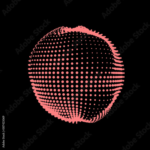 A deformed deflating sphere formed from a sea of dots. An unstable sphere, iridescent with abstract smooth deformations.