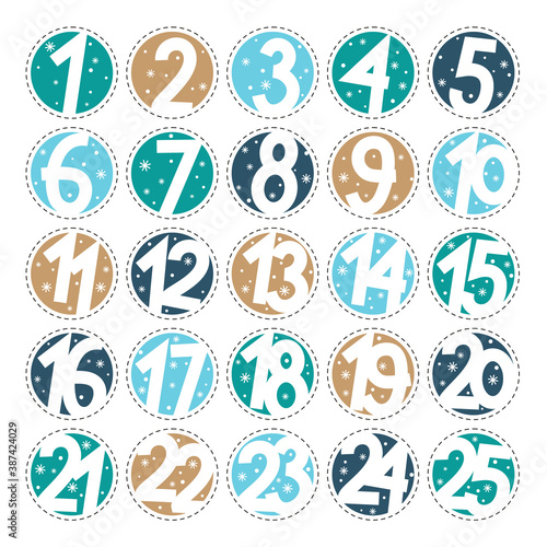 Snow Advent calendar. Advent stickers with numbers from 1 to 25. Christmas advent calendar, hand drawn style. Vector illustration.