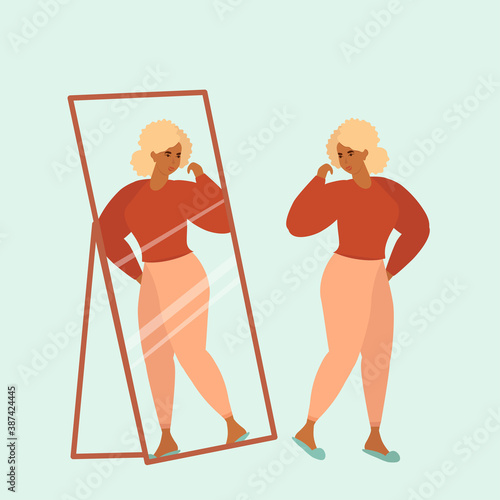 Character Woman Watch Mirror And Admires Vector. Narcissistic Girl Speaking With Reflection In Mirror, Self-confidence. Motivation Egotistical Concept. Isolated Flat Cartoon Illustration