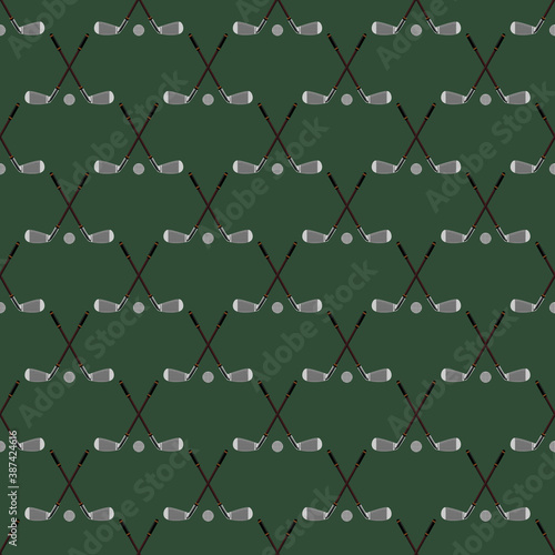 Vector seamless pattern. Pattern with golf elements on green background. Golf seamless background. Background for use in design, web, packing, textile. golf, clubs, ball, bag