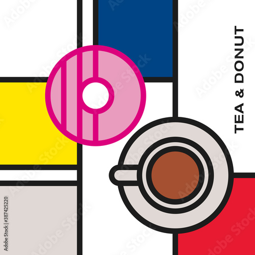 Tea cup with pink glaze decorated donut. Modern style art with rectangular colour blocks. Piet Mondrian style pattern.
