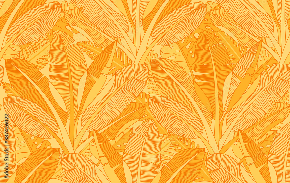 Sunset in jungles. Exotic jungle plants and palm trees, leaves seamless pattern. Bananas, palms tree foliage vector vintage botanical illustration. Sunrise nature background. Tropical plant leaves. 