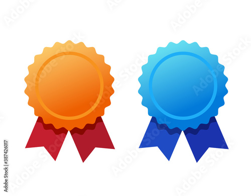 Medal award rosette icon vector flat cartoon design, medallion golden and blue achievement ribbon symbol blank empty template clipart