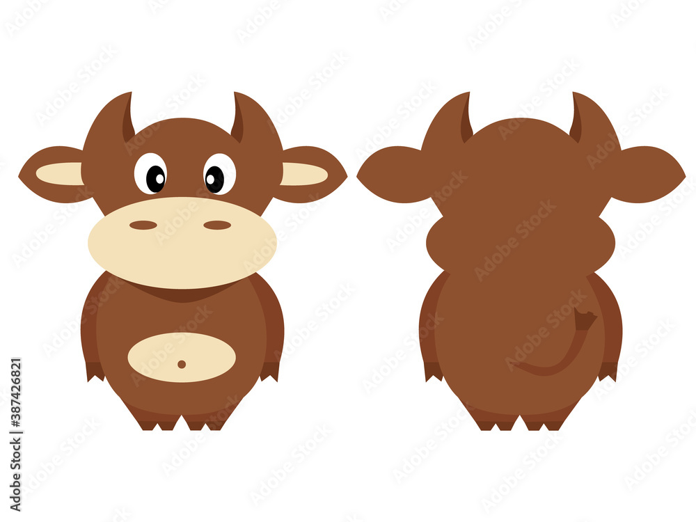 Cute bull. Vector illustration of the animal, isolated on a white background. Print for clothes, label, patch, sticker. For cards for children's holidays or drawing training. Cute bull. Vector illustration of the animal, isolated on a white background. Print for clothes, label, patch, sticker. For cards for children's holidays or drawing training.