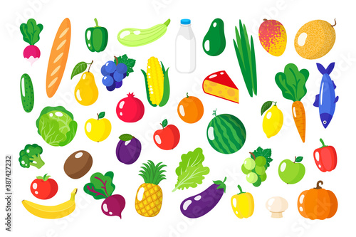 Vector cartoon set of fresh healthy organic food  vegetables and fruits isolated on white background.