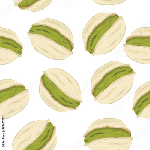 Stock vector illustration realistic pistachios. Seamless pattern, color drawings, hand-drawn isolated on a white background. Illustration for flyer, poster, wallpaper, web, invitation, greeting card.