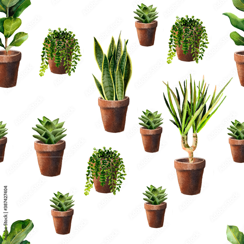 Watercolor seamless pattern of home plants in pots. Hand painted house green flowers perfect for textile, paper and other print and web projects. Watercolor seamless pattern of home plants in pots. Hand painted house green flowers perfect for textile, paper and other print and web projects.