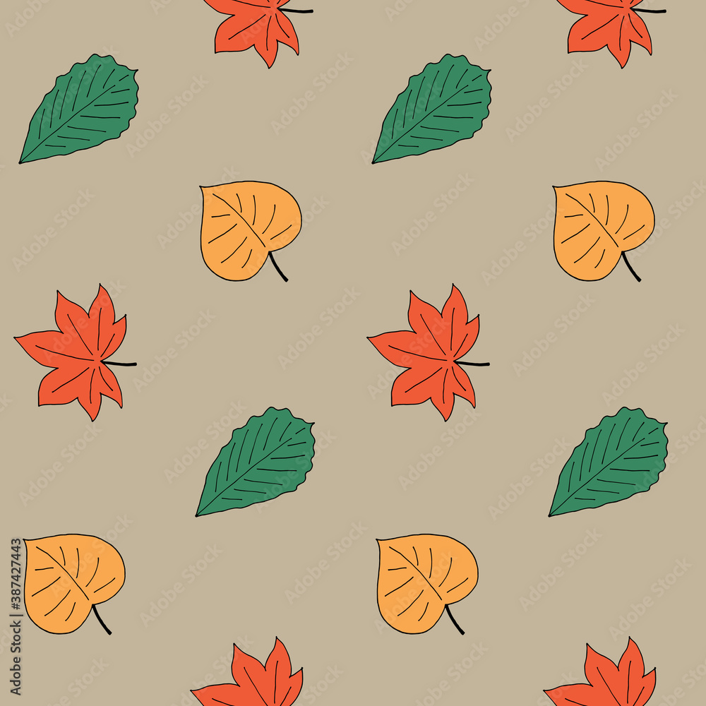 Obraz premium Autumn style seamless pattern with different leaves. Birch, maple and oak. Yellow, green and orange colors. Fall card, print for fabric, wallpaper, textile, gift wrap and clothes. Endless design