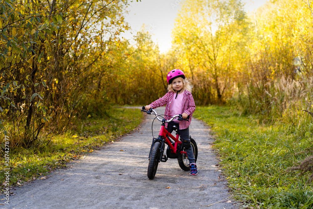 happy cheerful child girl riding a bike in Park in the nature happy cheerful child girl riding a bike in Park in the nature