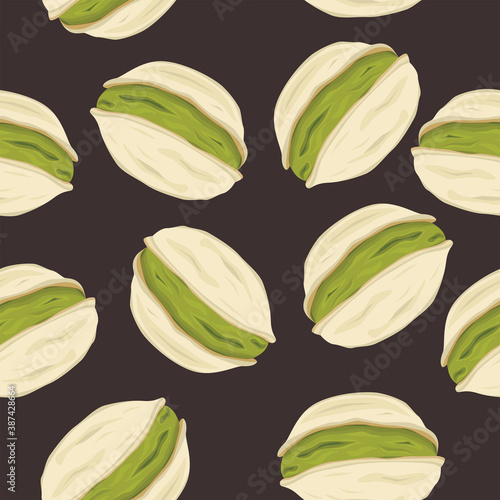 Stock vector illustration realistic pistachios. Seamless pattern, color drawings, hand-drawn isolated on a dark background. Illustration for flyer, poster, wallpaper, web, invitation, greeting card.