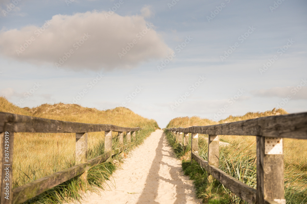 Dune path to the beach of Sankt Peter Ording with a blue sky in soft autumn tones.