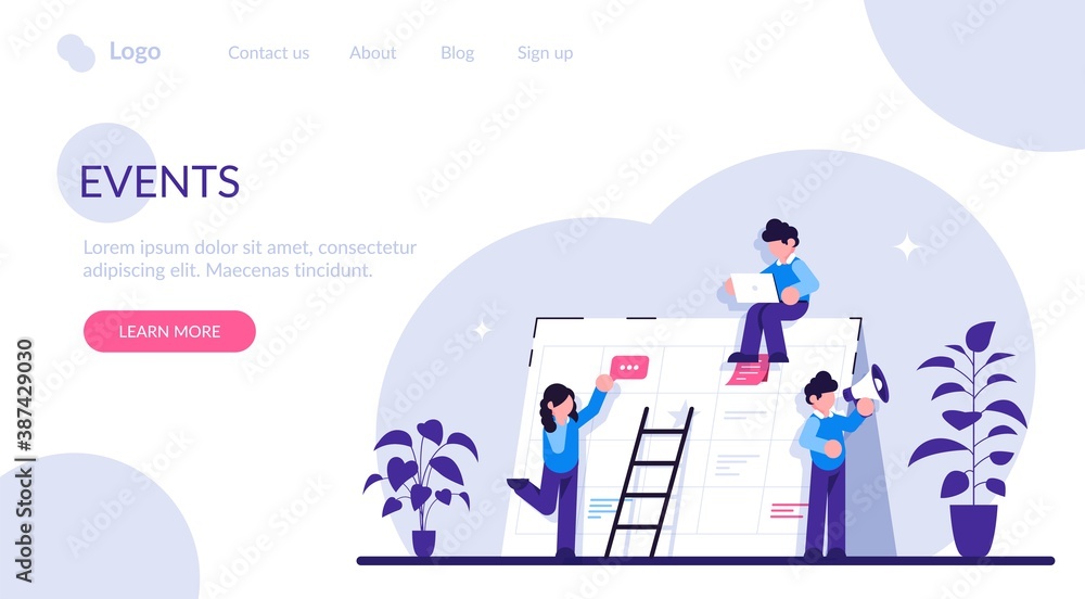 Events website concept. Corporate events. Event calendar. Notification, website menu bar, UI element, business meeting, commercial exhibition. Modern flat illustration. Events website concept. Corporate events. Event calendar. Notification, website menu bar, UI element, business meeting, commercial exhibition. Modern flat illustration.