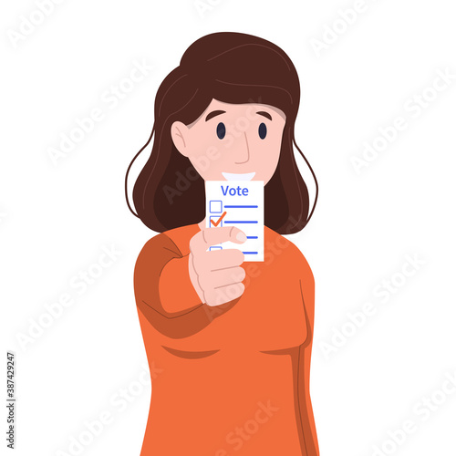 Vector illustration: woman is holding ballot. Election concept.