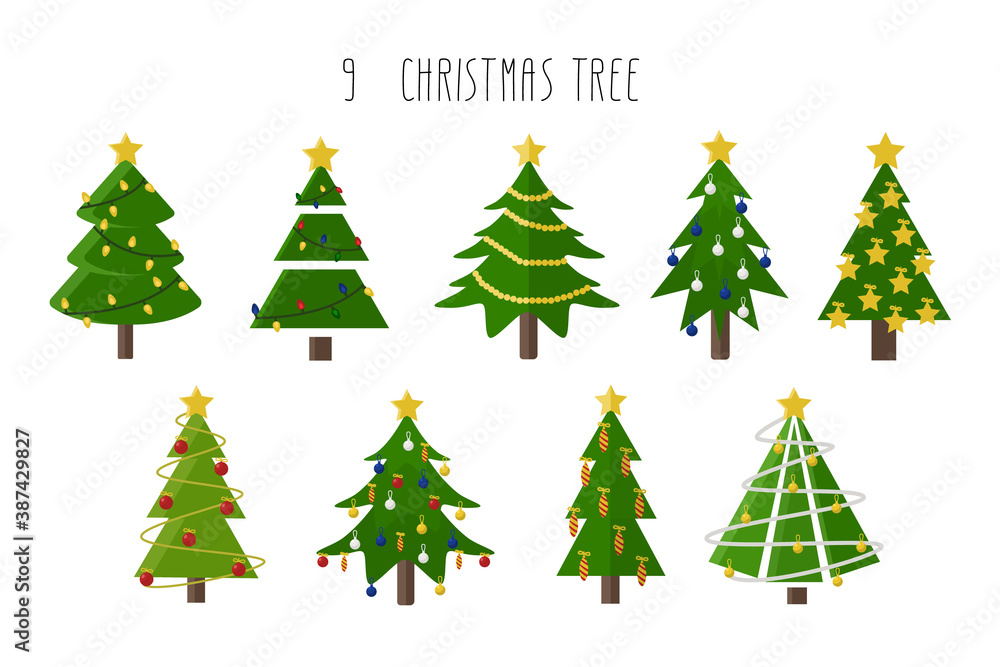 Set of vector Christmas trees. It can be used for printed materials - Christmas cards, invitations, posters, as well as for pajamas, bags, and wrapping paper. Nine Christmas trees decorated with toys 