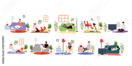 people at home working and leisure or recreation, indoor activities
