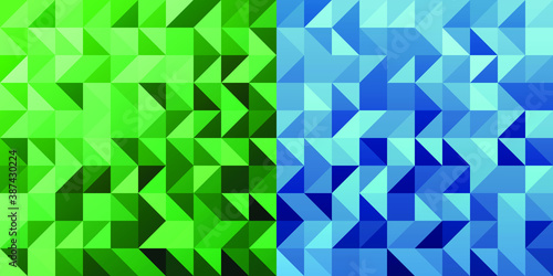 Two abstract polygonal background with triangles blue and green colors.
