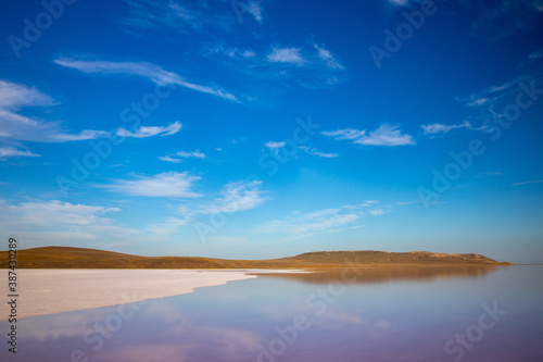 Pink salt lake Sasyk-Sivash, Yevpatoria, Crimea. The water of this lake is strongly saturated with salt and has a pink color. Very beautiful landscape with pink lake and blue sky with clouds.