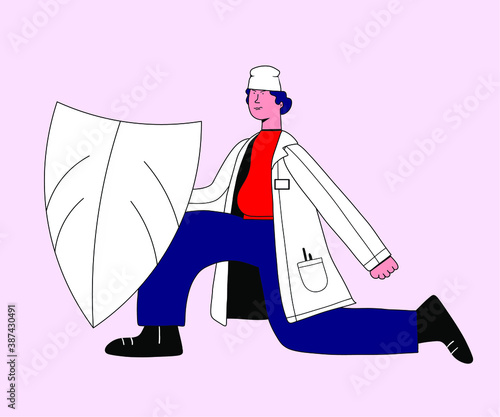 vector illustration - doctor nurse protects people during coronavirus. Medical doctor in a medical gown and cap in a hospital with a shield on one knee. Concept of fighting a pandemic. Doodle style.