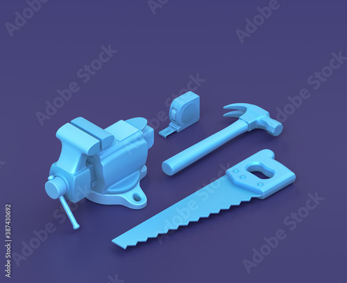Isometric hammer, table measure, hand saw and a vice on blue background, single color workshop tool, 3d rendering