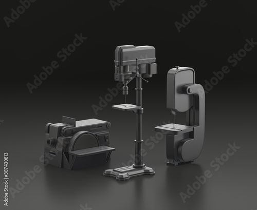 Fototapeta Naklejka Na Ścianę i Meble -  Dark gray drill press, belt sander and bandsaw on black background, single color workshop tool, 3d rendering