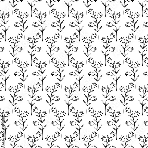 Black and white floral hand drawn outlined twigs branches seamless pattern