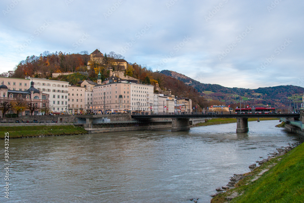 Embankment of Salzach river in Salzburg town, Austria