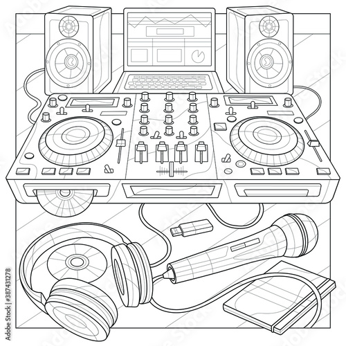 DJ console, microphone, headphones, laptop and speakers.Coloring book antistress for children and adults. Illustration isolated on white background.Zen-tangle style.