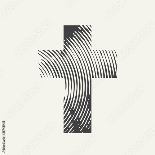 Abstract textured cross isolated on a light background. Creative vector banner or illustration on the religious theme. Artistic Christian cross sign in grunge style