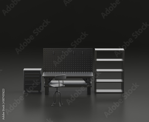 Dark gray single color workshop with workbench in blue background, flat color work space, 3d rendering photo