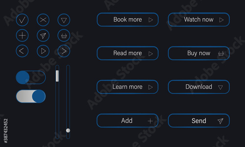 Modern buttons set for UI/UX design. Buy, watch, learn, download, send, add and read more in blue color. Flat vector illustration on dark background for web site, shop.