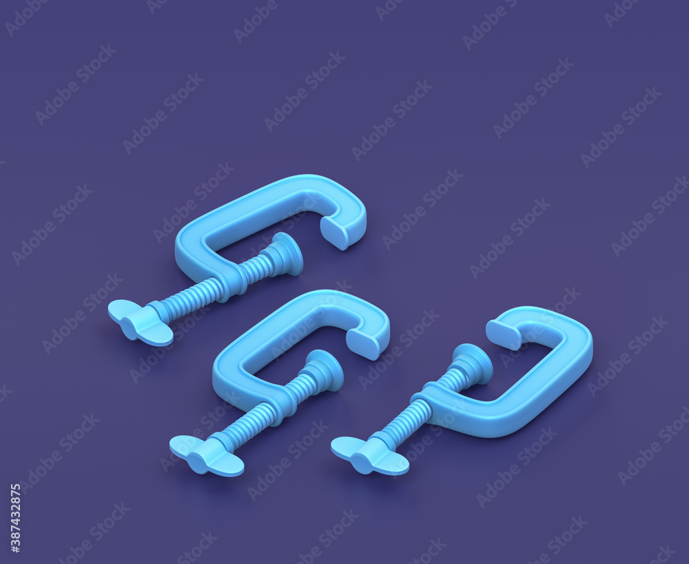 Isometric small clamp on blue background, single color workshop tool, 3d rendering Isometric small clamp on blue background, single color workshop tool, 3d rendering