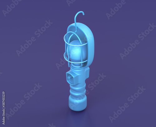 Isometric repairman light with hanger on blue background, single color workshop tool, 3d rendering