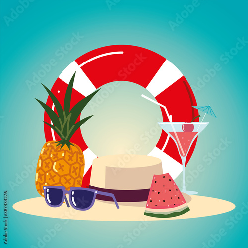 summer vacation travel, float cocktail pineapple sunglasses and hat
