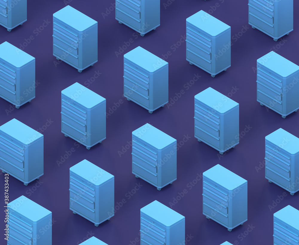 Isometric shop drawer on blue background, single color workshop tool, 3d rendering