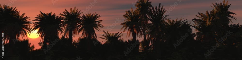 Palm trees at sunset against the sky, silhouettes of palm trees, 3D rendering