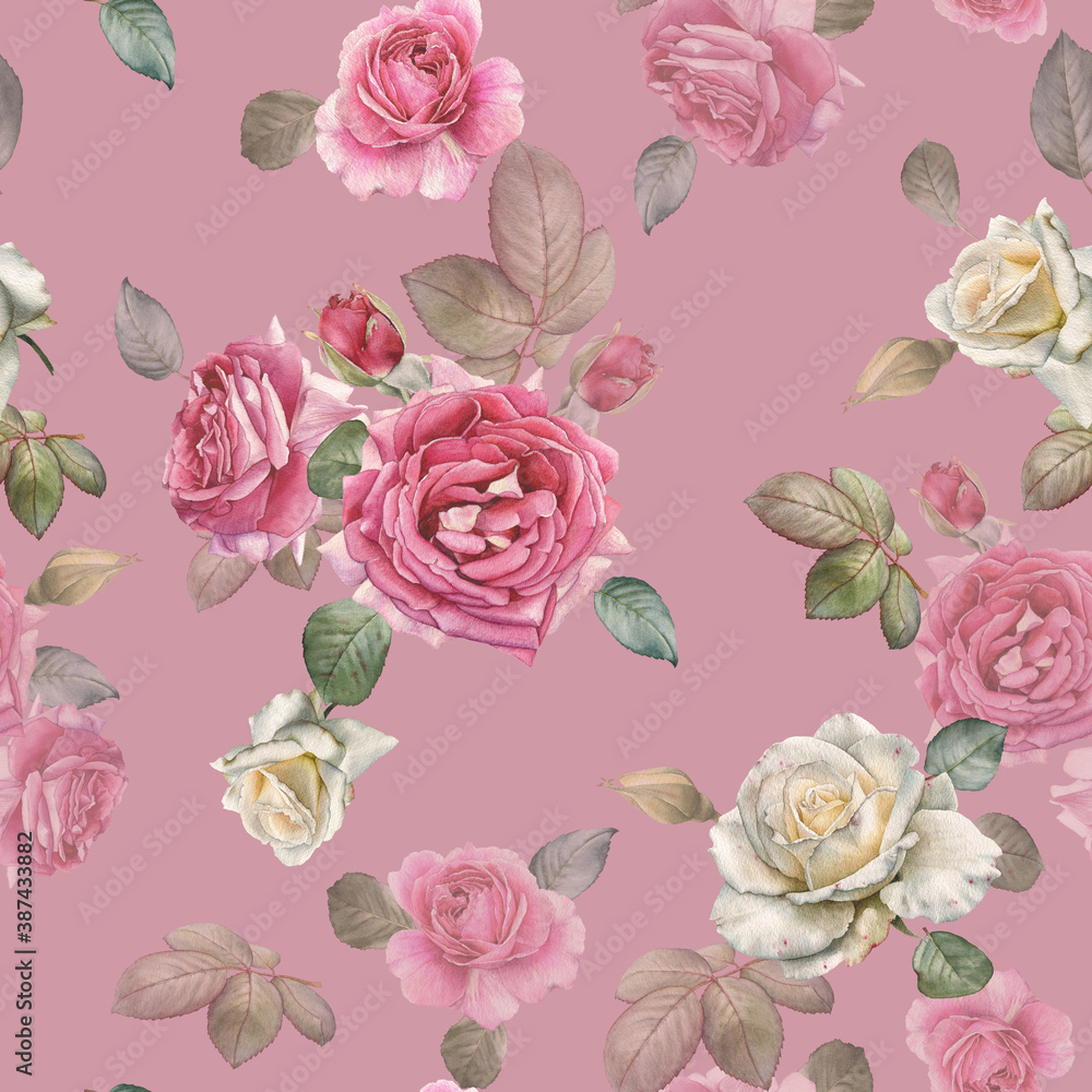 Floral seamless pattern with watercolor white and pink roses