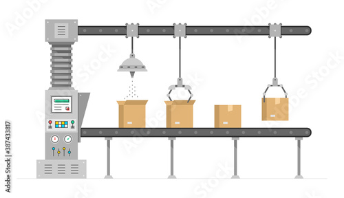 Conveyor system. Automated production line. Robotic industry concept. Industrial machine. Conveyor Automatic Production Line with Cardboard Boxes 
