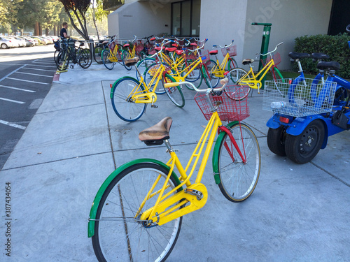colorful bikes for Google employees to move in Googleplex Headquarters. Google is a American technology company that specializes in Internet services.