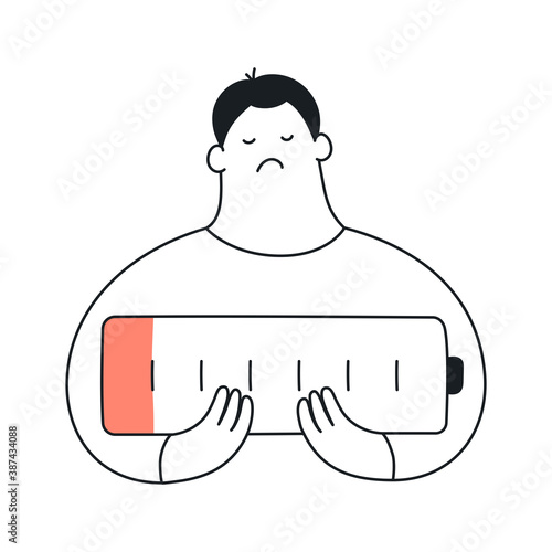 Low charge energy. The low charged battery in hands of a frustrated upset young man. Cute flat line vector illustration on white.